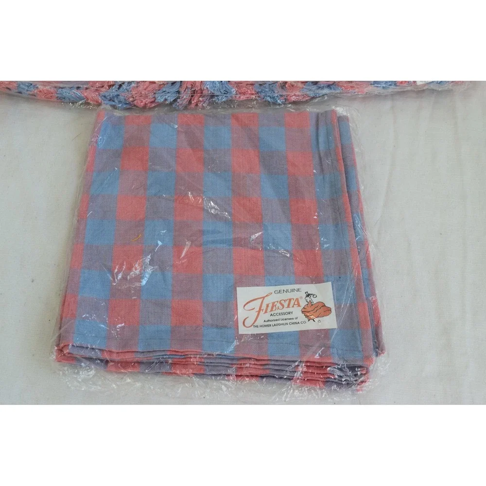 Fiesta Placemats Napkins 4 Set Pink Blue Gingham Check Fringed Vintage New